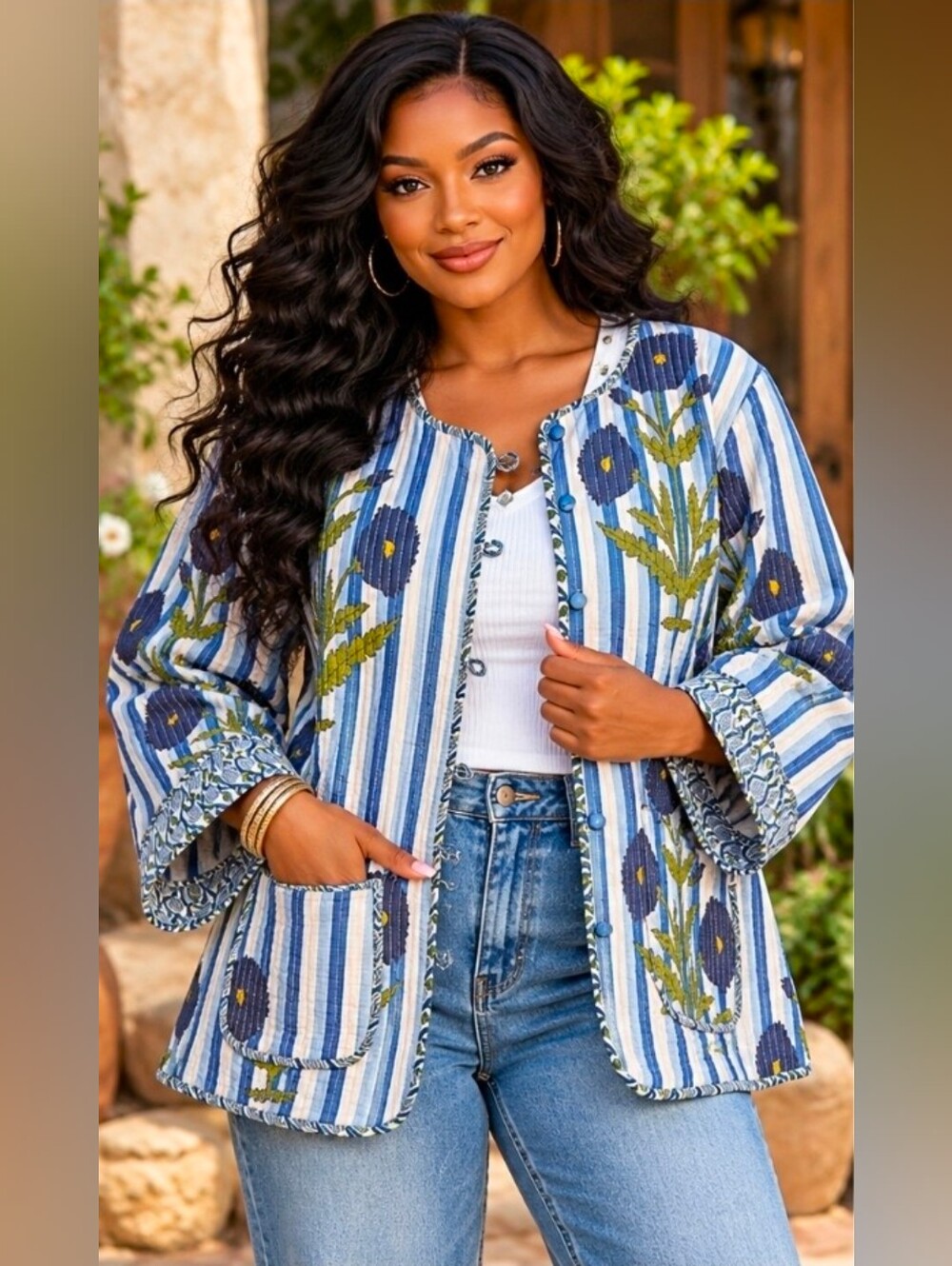 NEW!! POL 100% Cotton Striped Floral Quilted Jacket, NWT